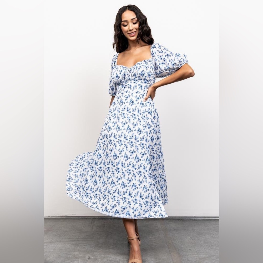 NWT Baltic Born Gwen Smocked Midi Dress, Blue Floral, Small